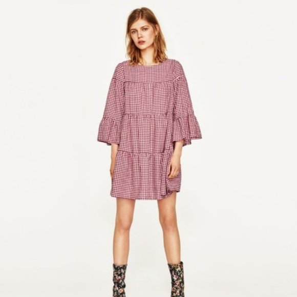 Zara Dresses & Skirts - Zara Red White Gingham Tiered Smock Dress, Small